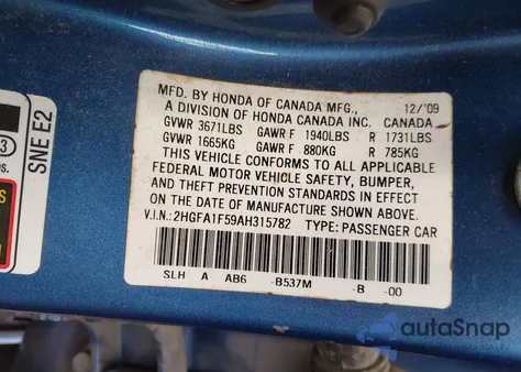 2010 Honda Civic Lx z USA, uszkodzony, nr VIN 2HGFA1F59AH315782